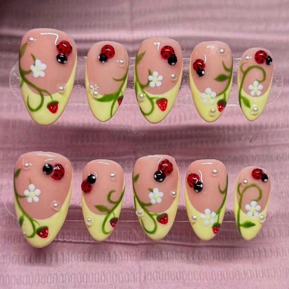Floral Ladybug Nail Art Set - Pink and Yellow